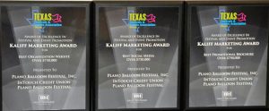 TFEA Award of Excellence for Best Organization Website, Best Social Media, and Best Promotional Brochure presented to Plano Balloon Festival, Inc.