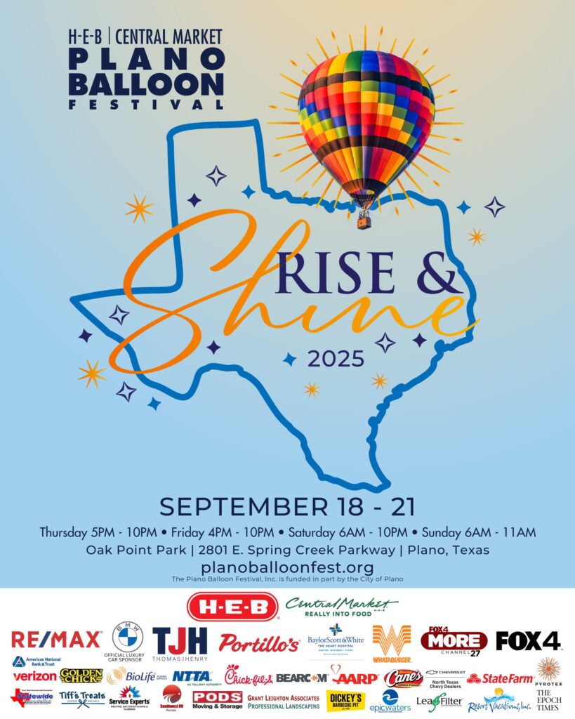 2025 H-E-B | Central Market Plano Balloon Festival at Oak Point Park featuring hot air balloons, classic car show, sky divers, food, carnival rides, live entertainment and more.