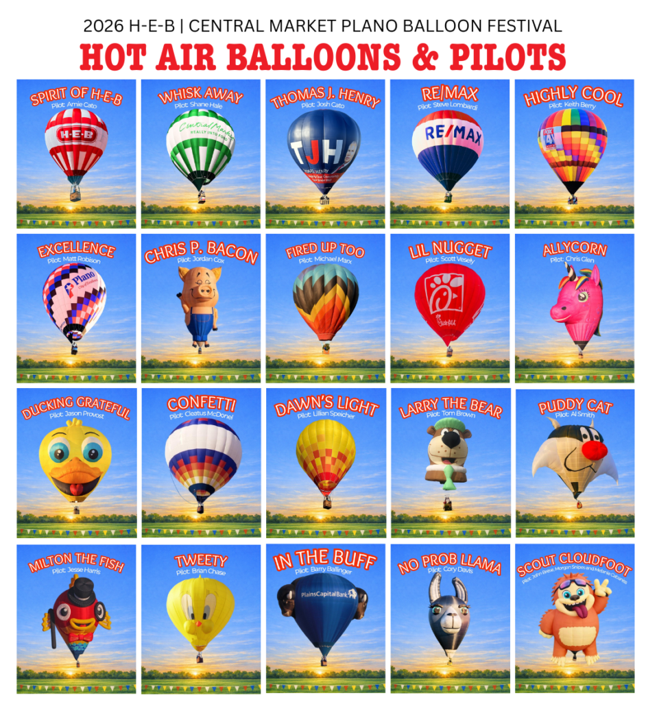 2026 Hot Air Balloons and Pilots listed for H-E-B | Central Market Plano Balloon Festival